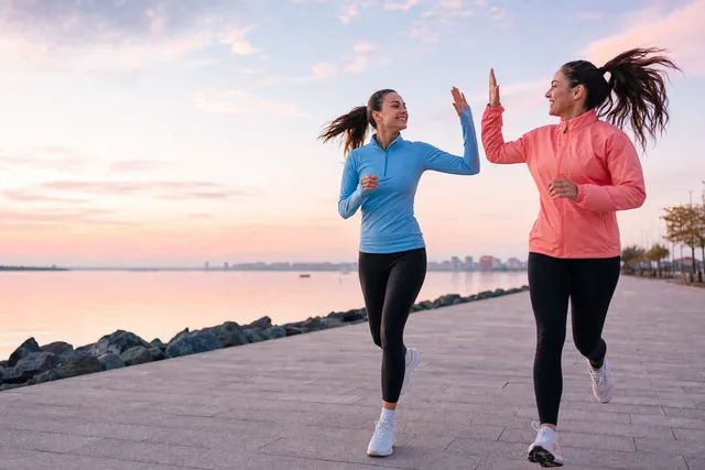 Two friends jogging along a waterfront at sunrise turn to give each other a high five mid stride