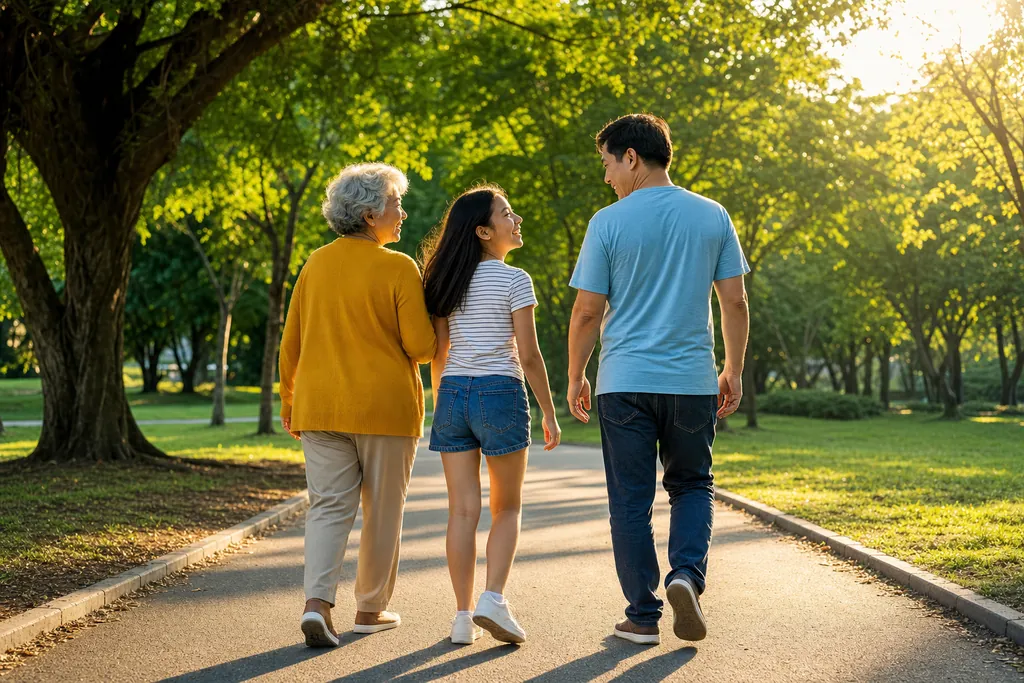 A grandmother, her teenage granddaughter and her adult son walk together along a sunny tree-lined park path, seen from behind