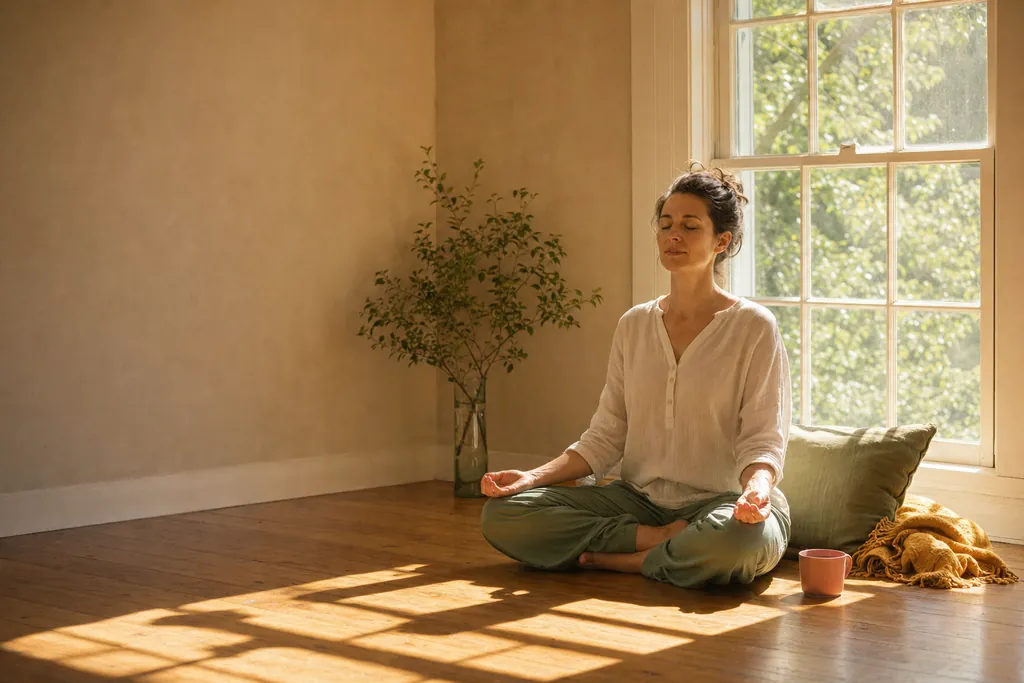 A woman sits cross-legged by a sunny window with her eyes closed while squares of morning light fall across the wooden floor