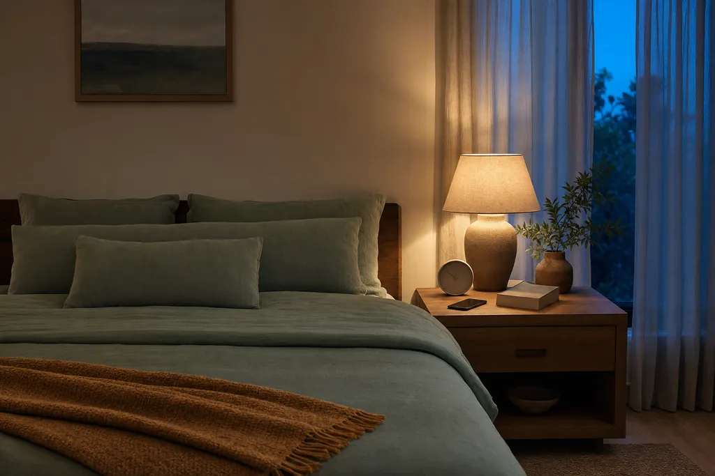 A calm bedroom at dusk with sage green bedding, a glowing bedside lamp, a closed book and a phone lying face down beside a plain clock