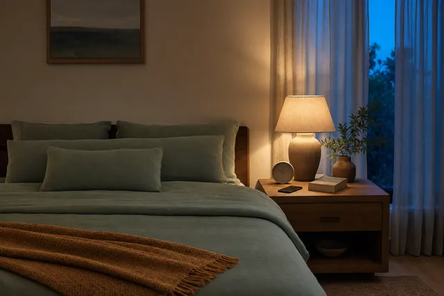 A calm bedroom at dusk with sage green bedding, a glowing bedside lamp, a closed book and a phone lying face down beside a plain clock