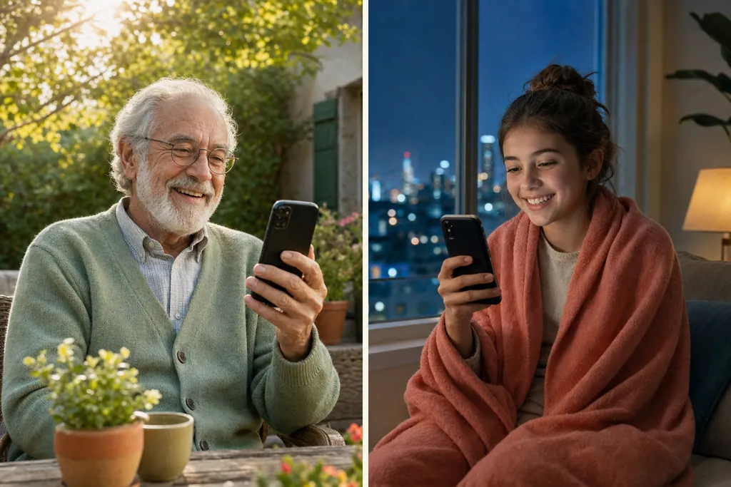 Split image of a grandfather smiling at his phone in a sunny morning garden and his granddaughter smiling at her phone in a city apartment at night