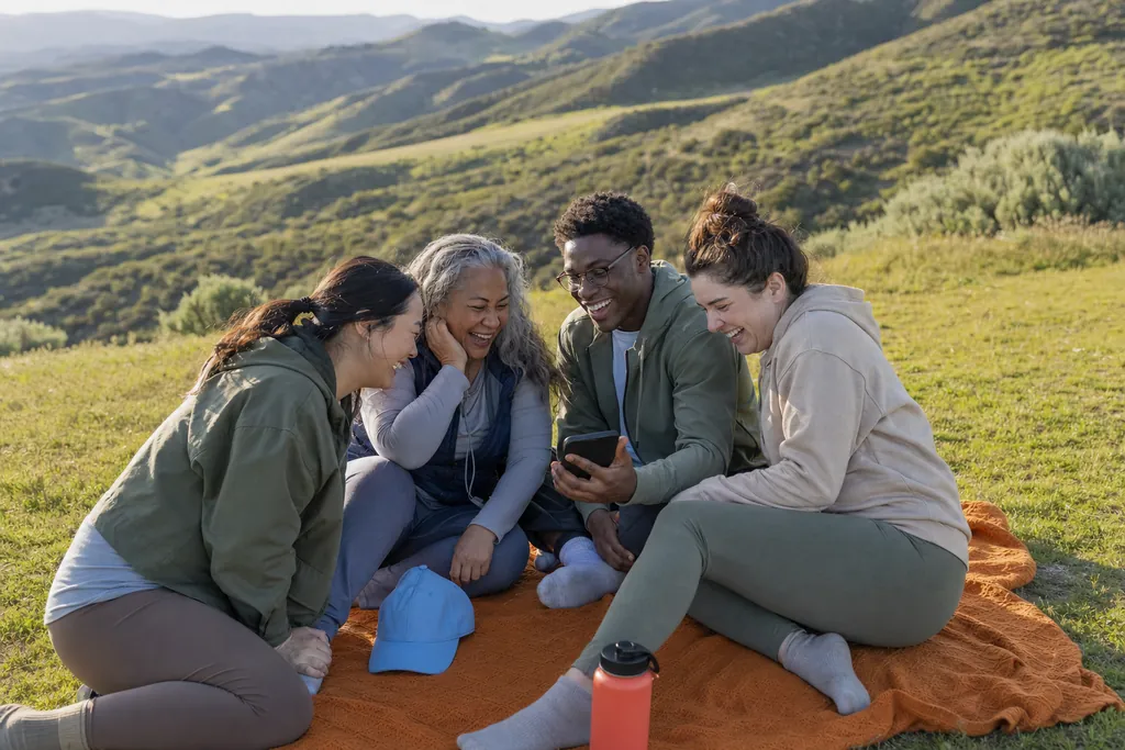 Four friends of different ages sit on a picnic blanket on a green hillside, leaning in to look at a phone together and laughing
