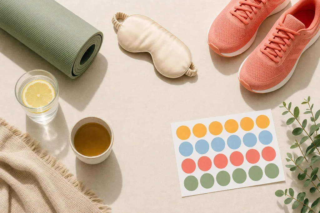 Overhead view of a sage yoga mat, coral running shoes, a sleep mask, a glass of lemon water, a cup of tea and coloured dot stickers on cream linen