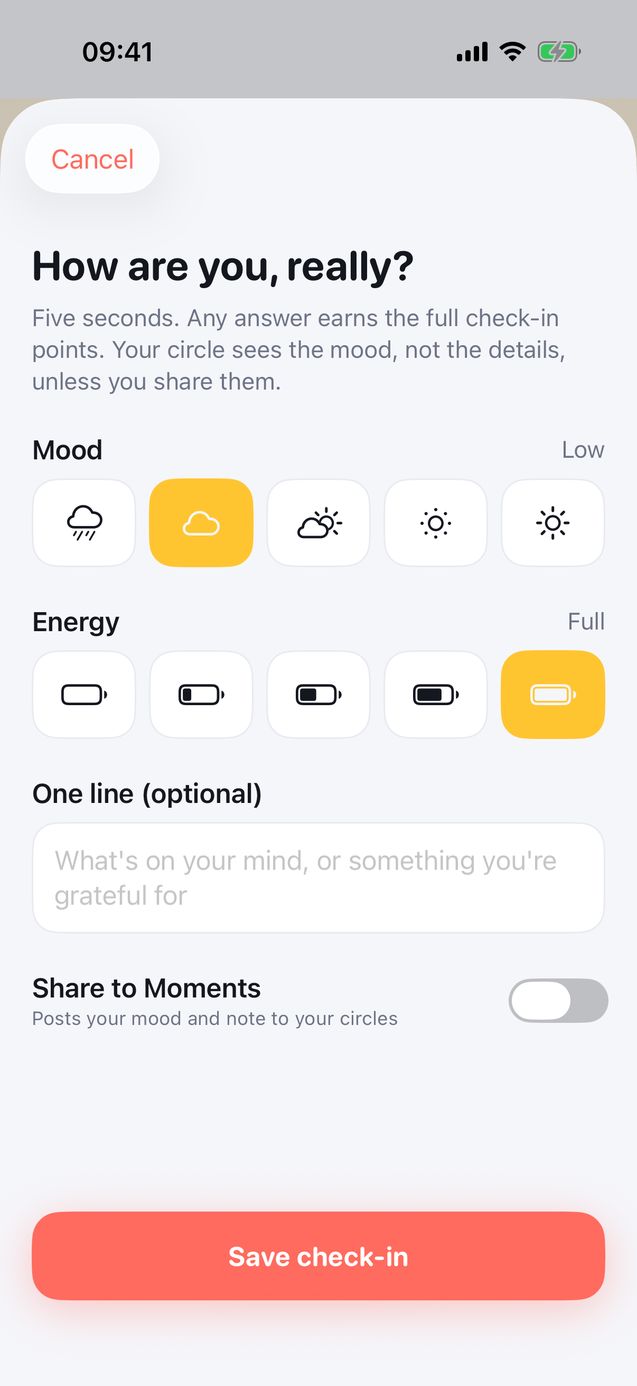 Wellnest check-in screen asking how are you, really, with five mood and energy choices and an optional note