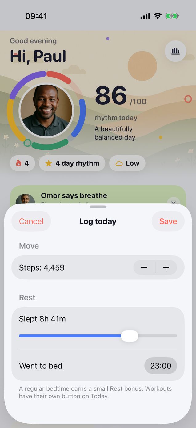 Wellnest log today sheet with a steps counter, a sleep slider set to 8 hours 41 minutes and a went to bed time of 23:00