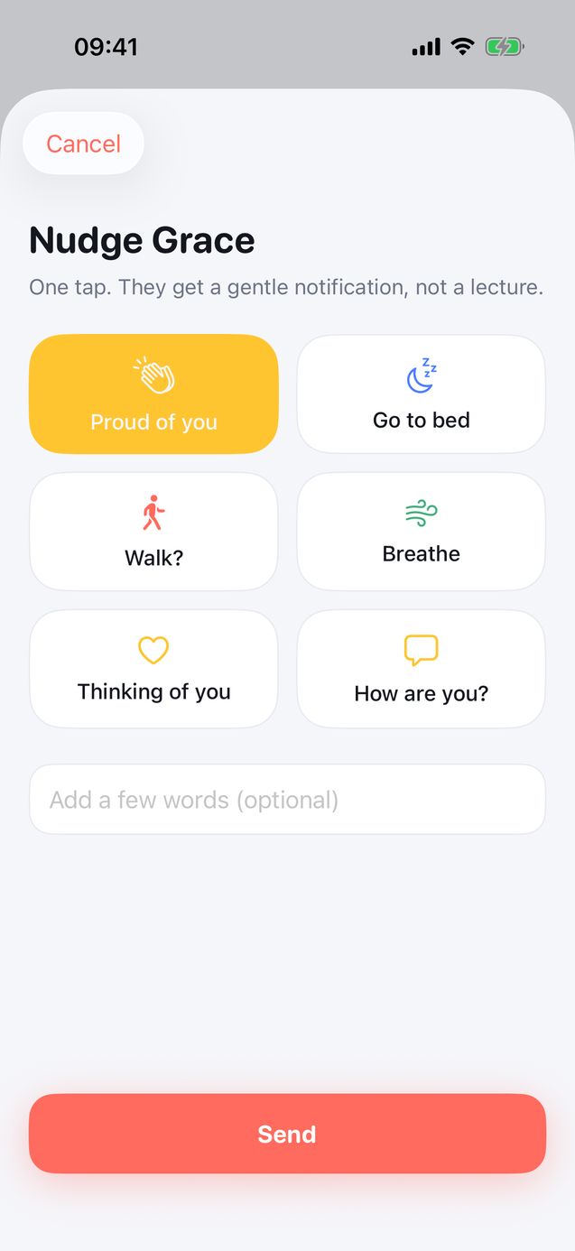 Wellnest nudge screen with choices proud of you, go to bed, walk, breathe, thinking of you and how are you