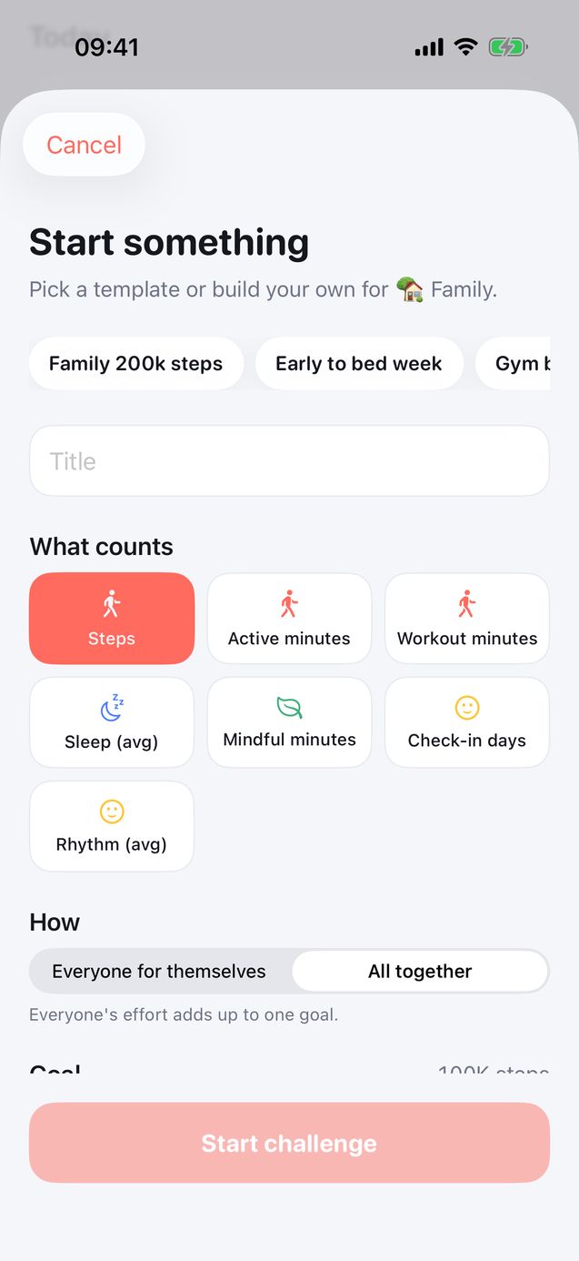 Wellnest start something screen with challenge templates, a choice of what counts, and a switch between everyone for themselves and all together