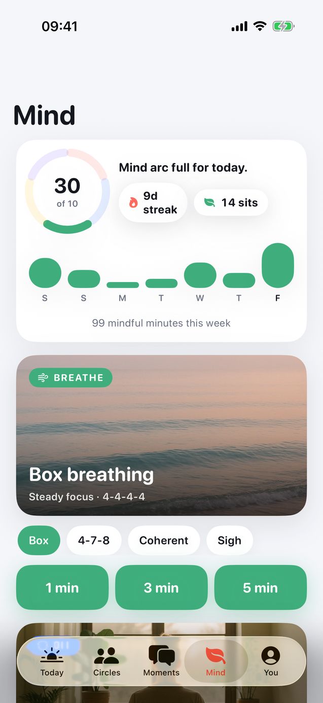 Wellnest Mind tab with a mindful minutes arc, a week of bars, a box breathing card and a choice of breathing patterns